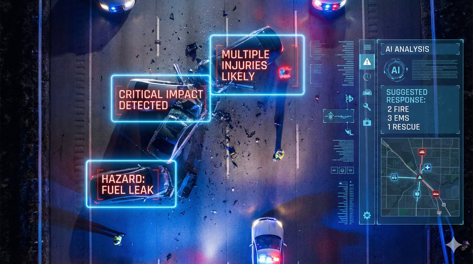 REACT AI analysis of a multi-vehicle collision: critical impact detected, multiple injuries likely, fuel-leak hazard, and a suggested response of 2 fire, 3 EMS, 1 rescue