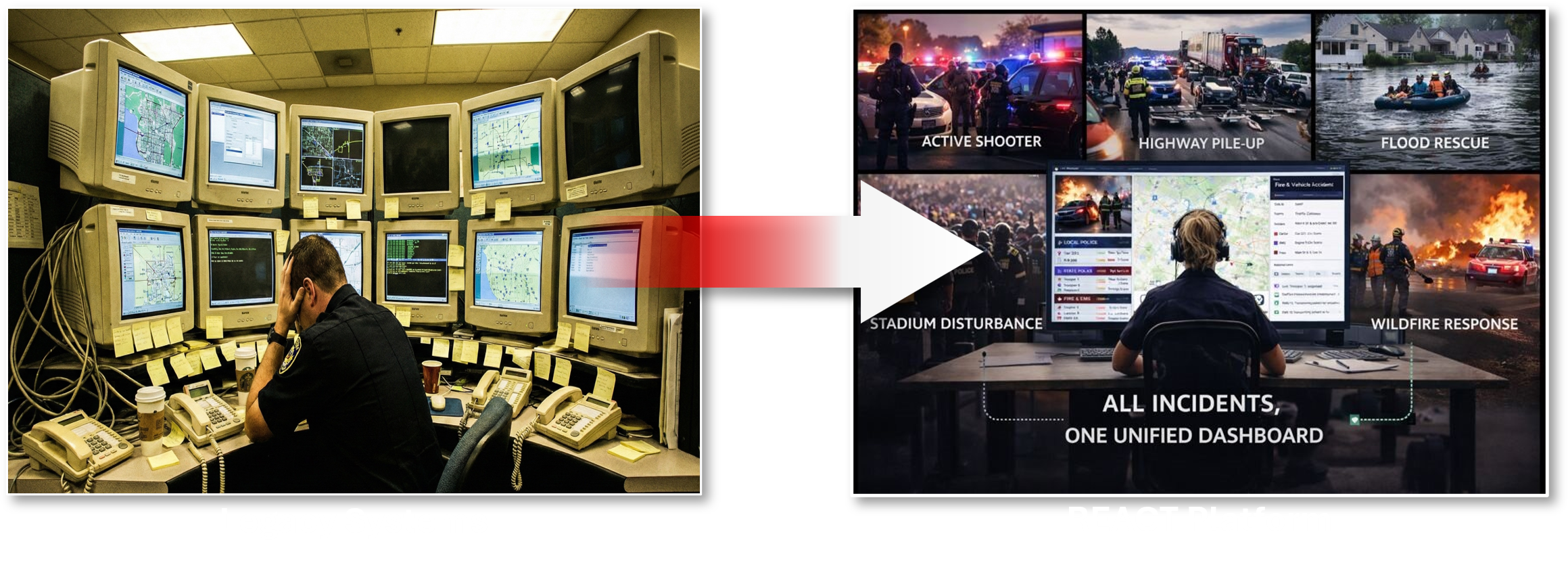 Before: an operator buried under a wall of disconnected legacy screens. After: every incident type fused into a single REACT operational dashboard.