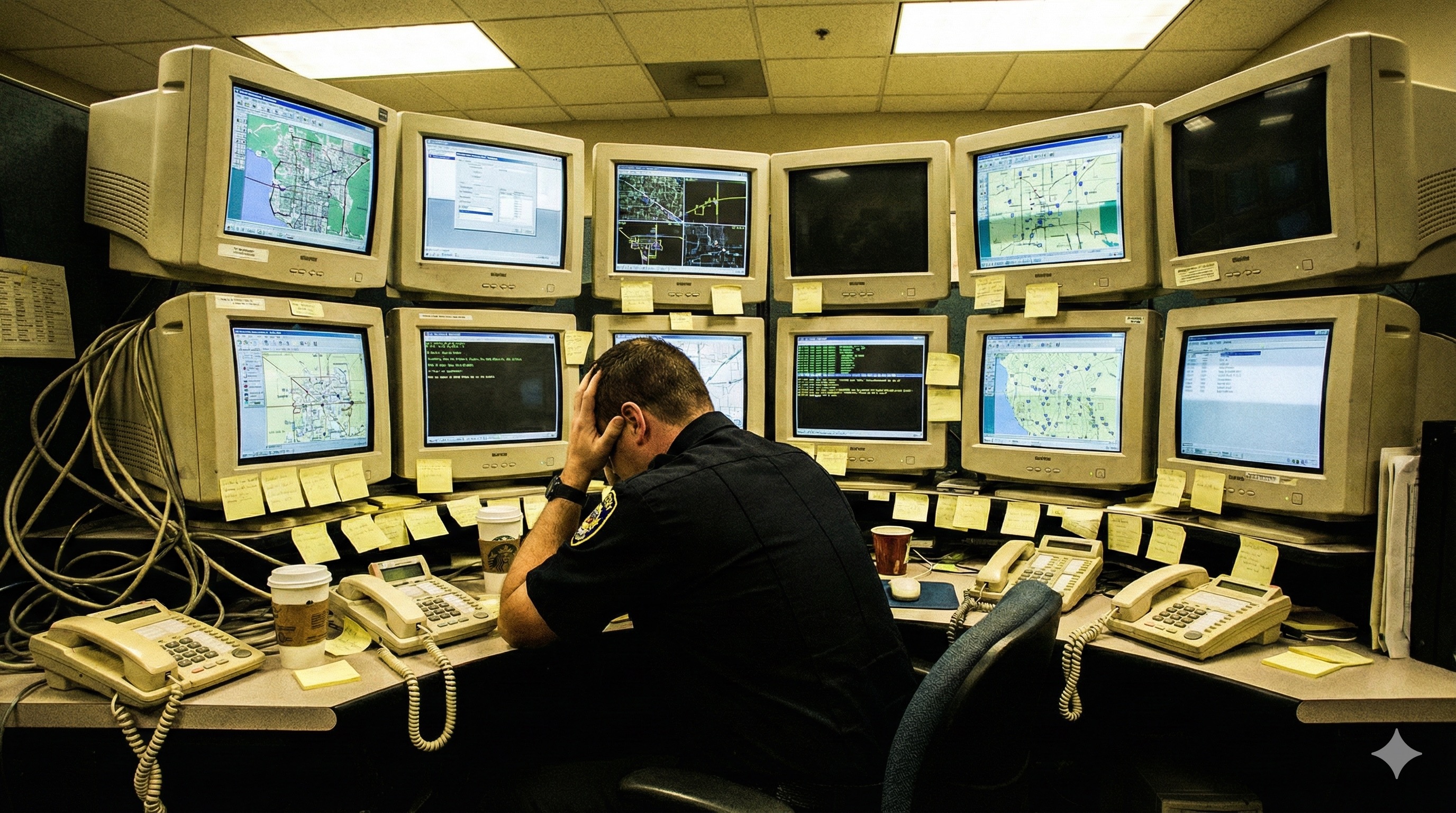 A dispatcher with his head in his hands behind a wall of mismatched legacy monitors and sticky notes
