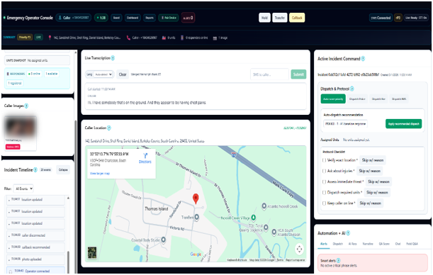 REACT Emergency Operator Console: live transcription, caller location map, incident timeline, active incident command and Automation + AI panels